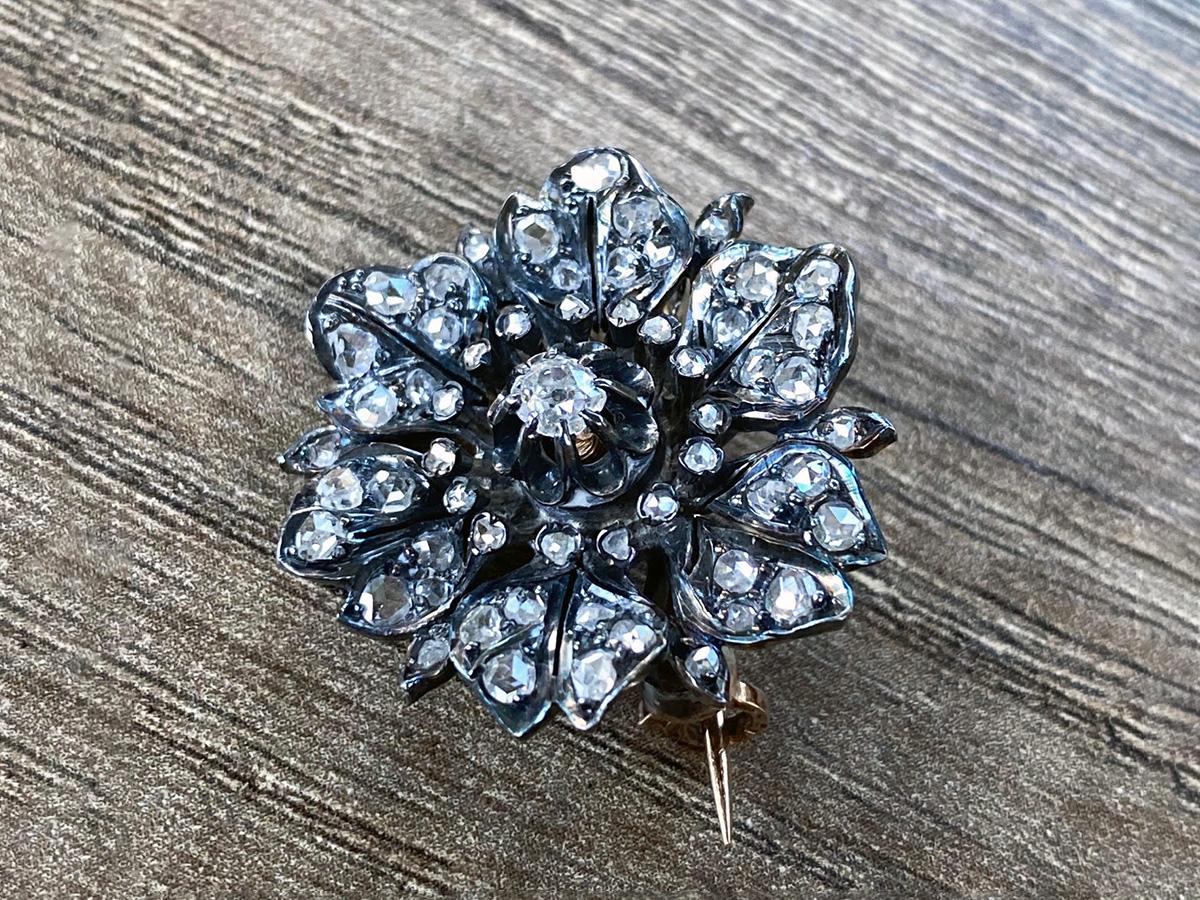 Women's or Men's Antique Cornflower Brooch Diamonds Gold Silver Petals Forest Nymph Vegetal leaf For Sale