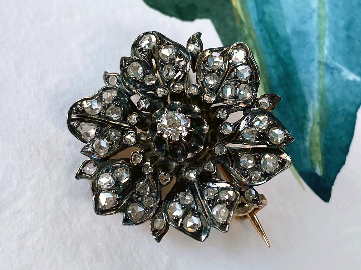 Antiguo Broche Aciano Diamantes Oro Plata Pétalos Bosque Ninfa Hoja vegetal en venta 2