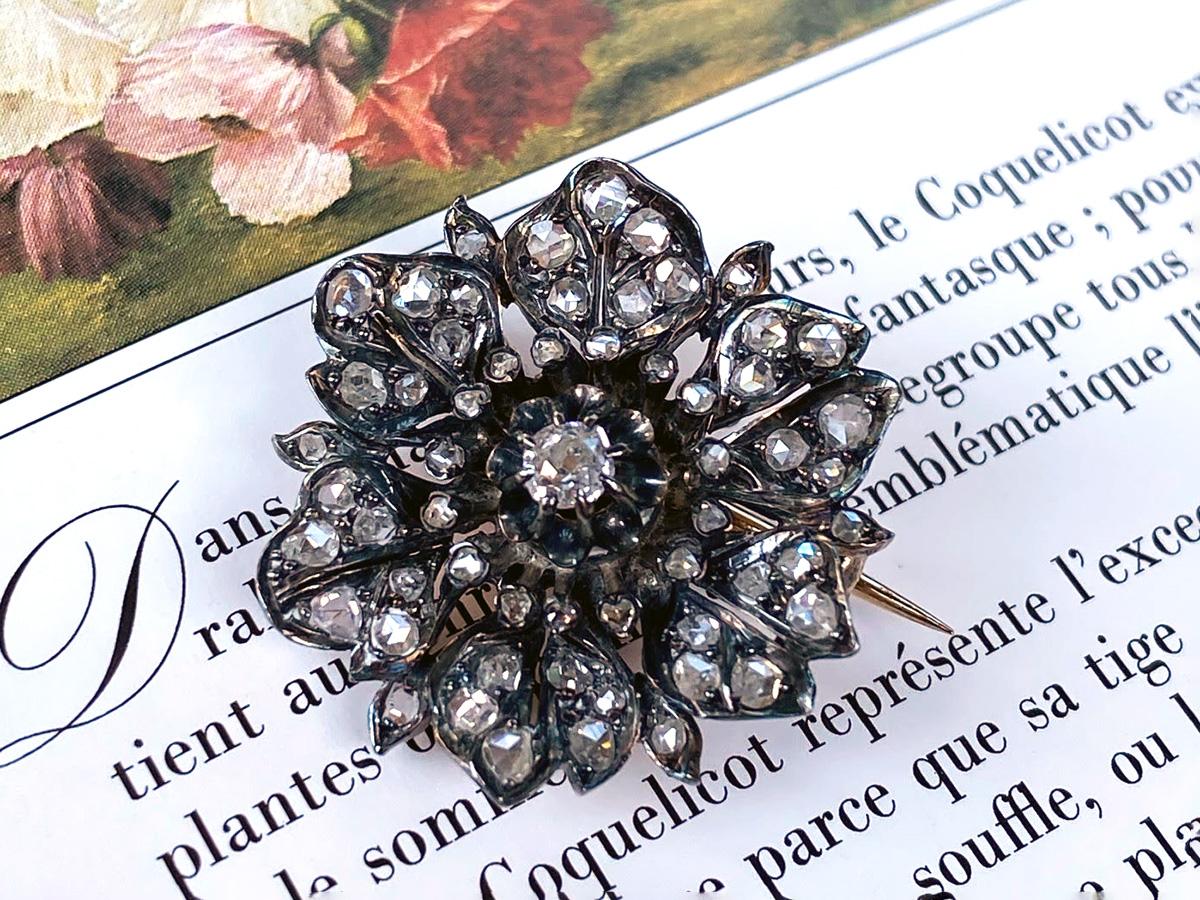 Antiguo Broche Aciano Diamantes Oro Plata Pétalos Bosque Ninfa Hoja vegetal en venta 3