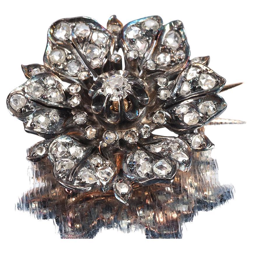 Antique Cornflower Brooch Diamonds Gold Silver Petals Forest Nymph Vegetal leaf For Sale