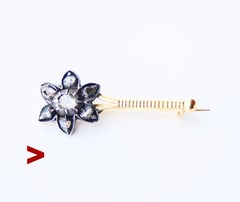 Broche fleur comète antique Broche diamants or massif 18K Silver / 3 gr