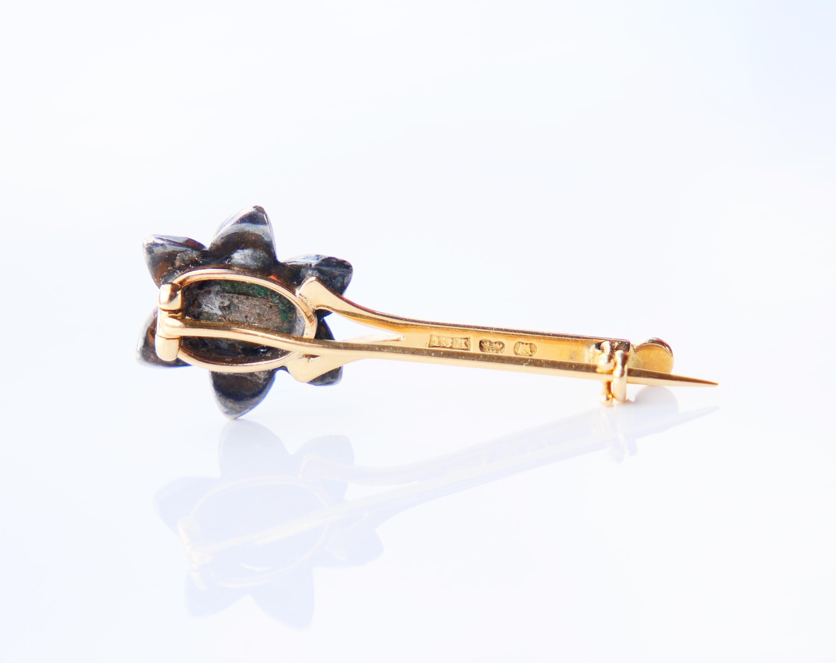 Renaissance Revival Antique Flower Comet Brooch Pin Diamonds solid 18K Gold Silver / 3 gr For Sale