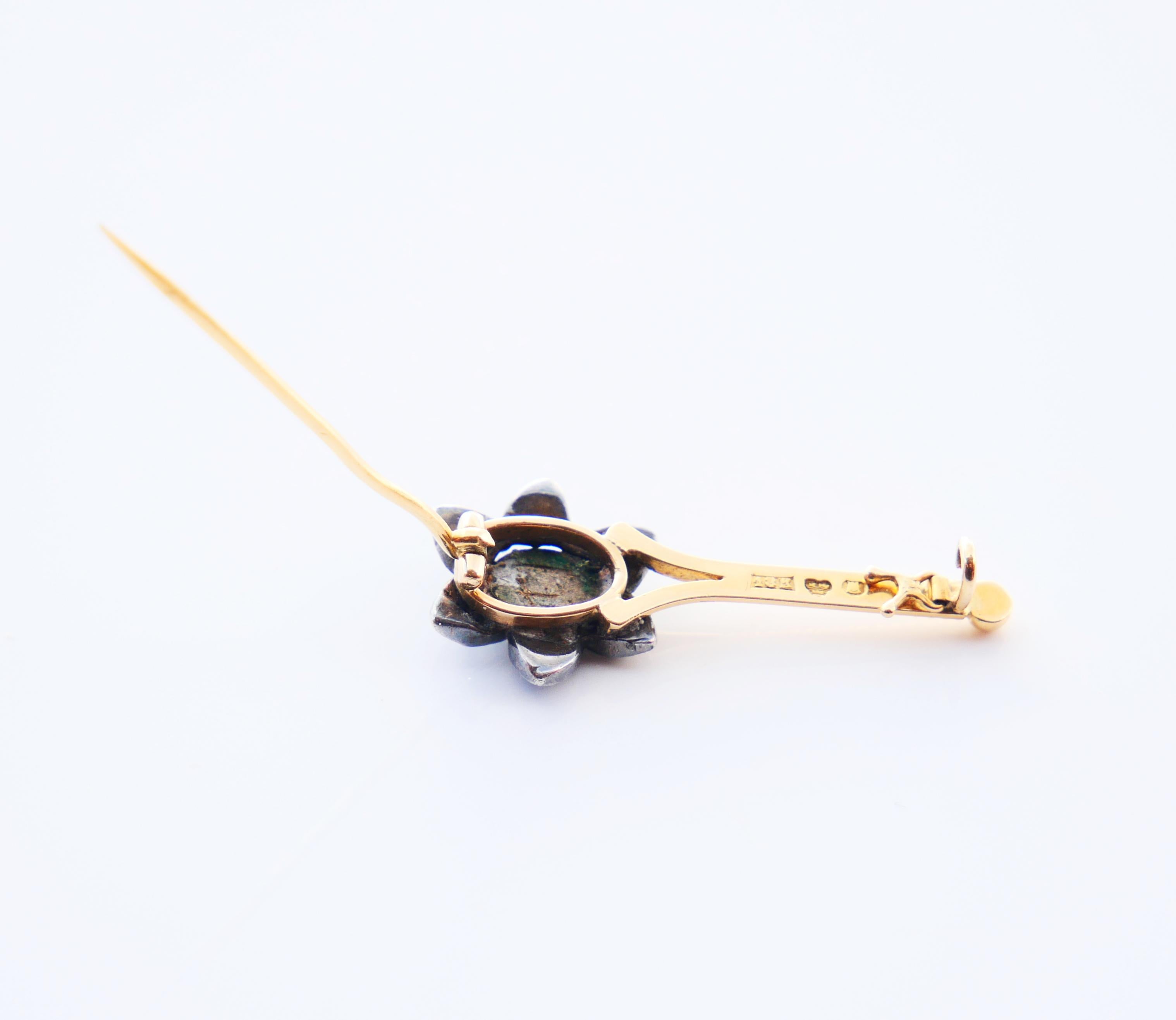 Women's Antique Flower Comet Brooch Pin Diamonds solid 18K Gold Silver / 3 gr For Sale
