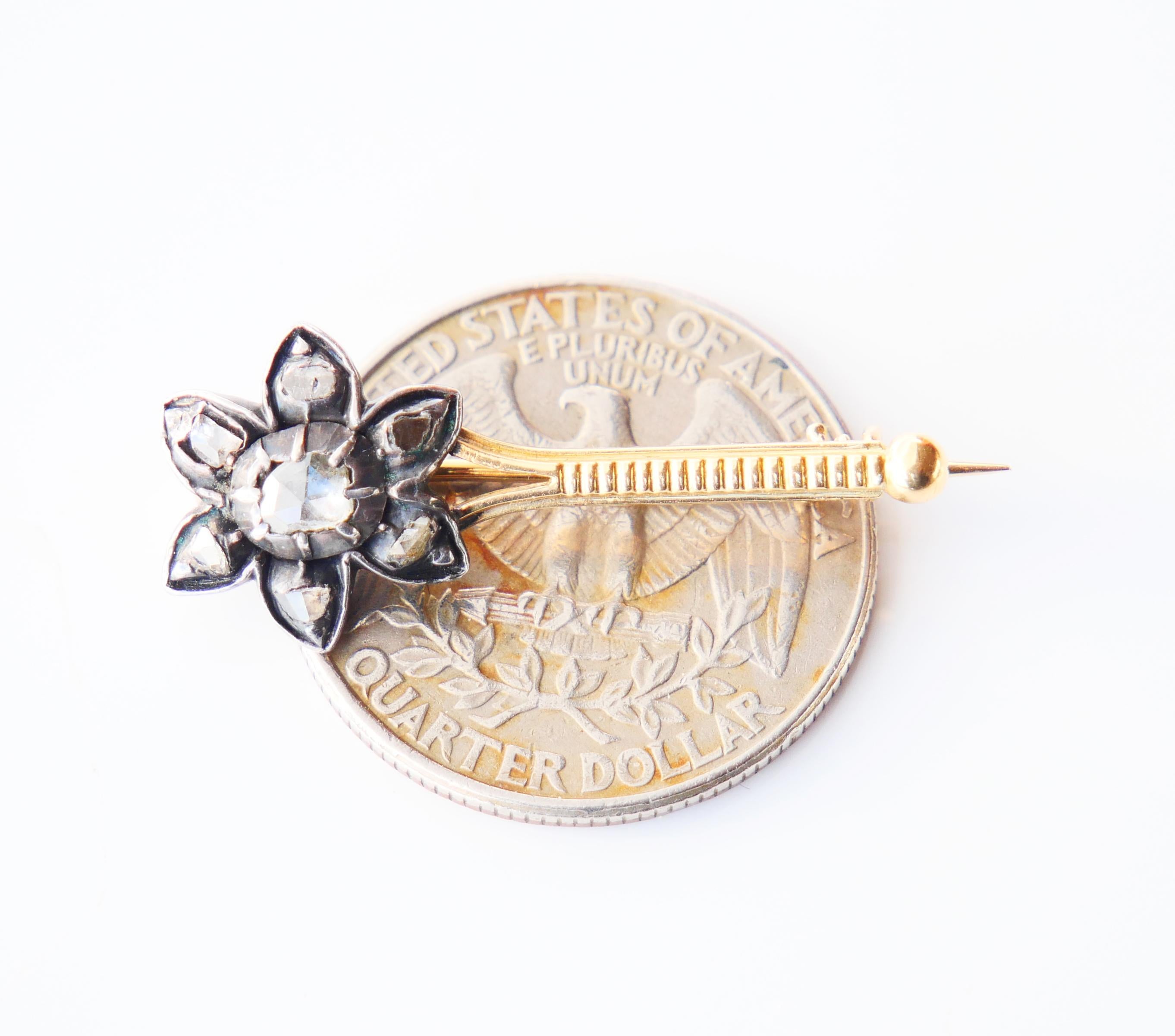 Antique Flower Comet Brooch Pin Diamonds solid 18K Gold Silver / 3 gr For Sale 1