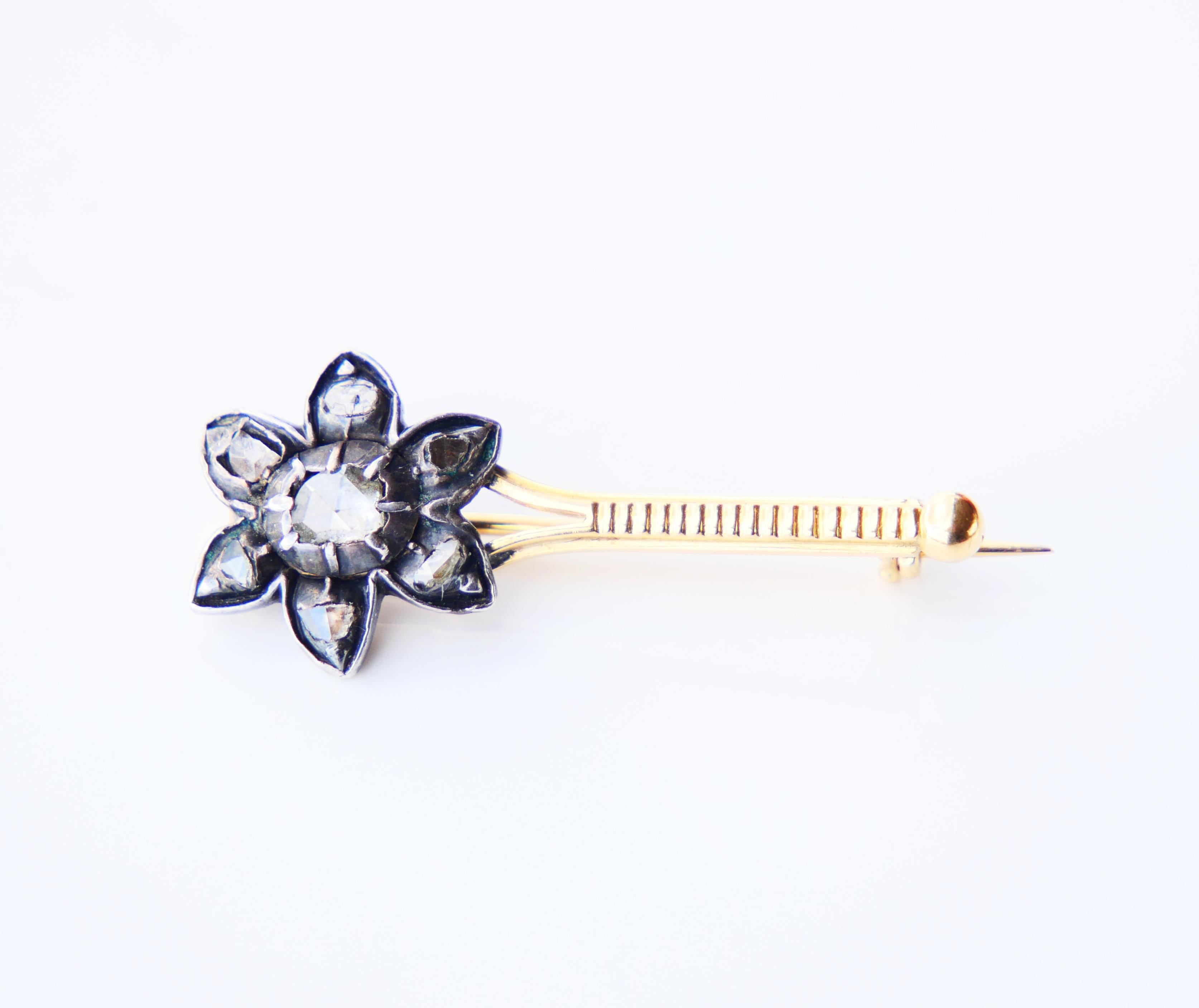 Antique Flower Comet Brooch Pin Diamonds solid 18K Gold Silver / 3 gr