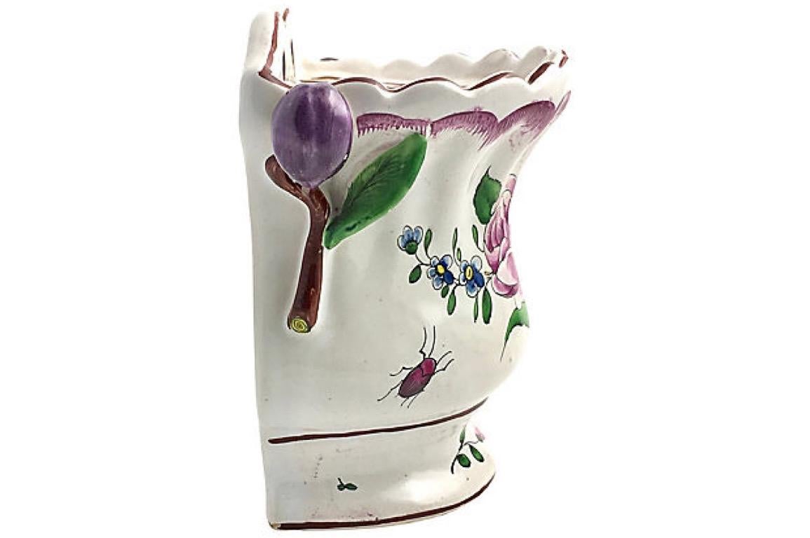Antique Flower Floral Wall Pocket Pottery with Applied Tulip Handles For Sale 1