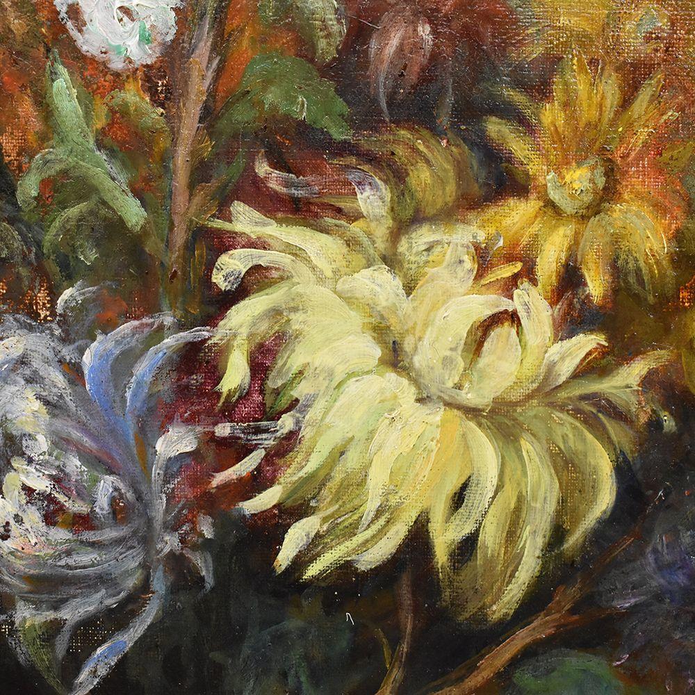 Flowers artwork, antique oil painting, floral vase painting which represents Dahlias and Chrysanthemums with grapes.
A copper vase with flowers, placed on a white tablecloth. Ancient painting of the late nineteenth century with coeval frame.

Oil