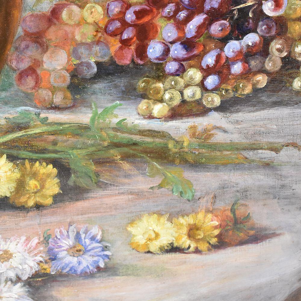 Napoleon III Antique Flower Painting, Dahlias and Chrysanthemums, Oil on Canvas, 19th Century For Sale