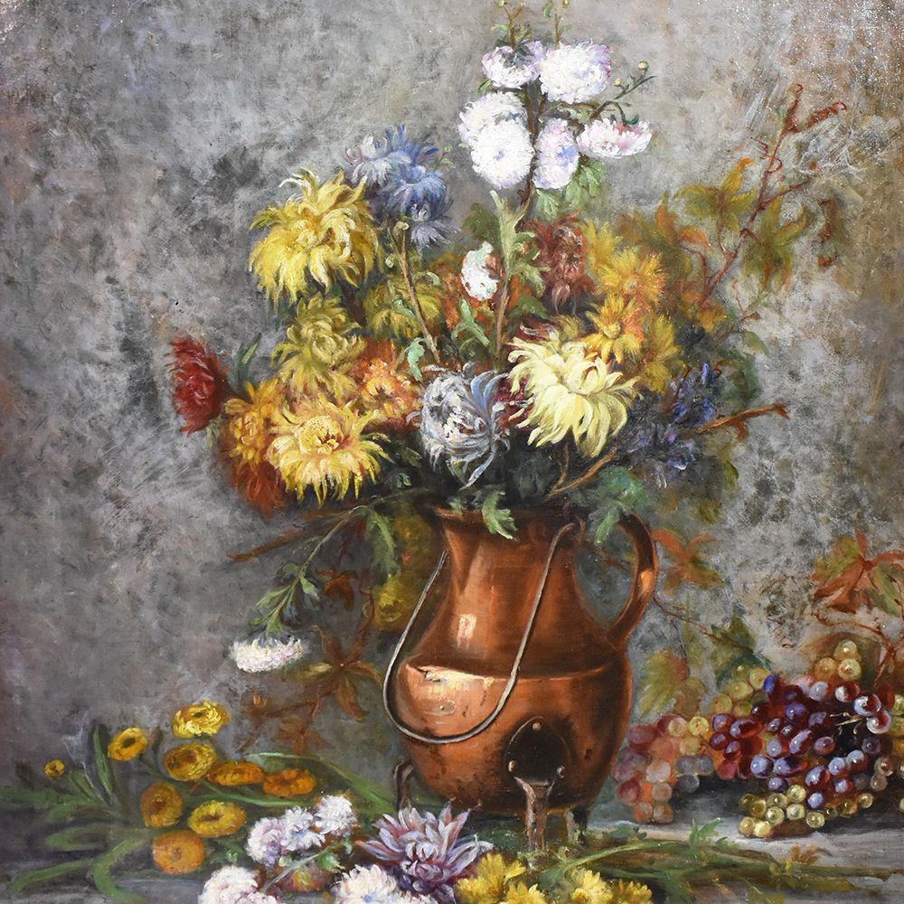 French Antique Flower Painting, Dahlias and Chrysanthemums, Oil on Canvas, 19th Century For Sale