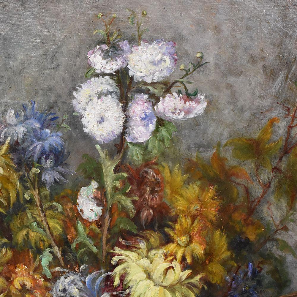 Painted Antique Flower Painting, Dahlias and Chrysanthemums, Oil on Canvas, 19th Century For Sale