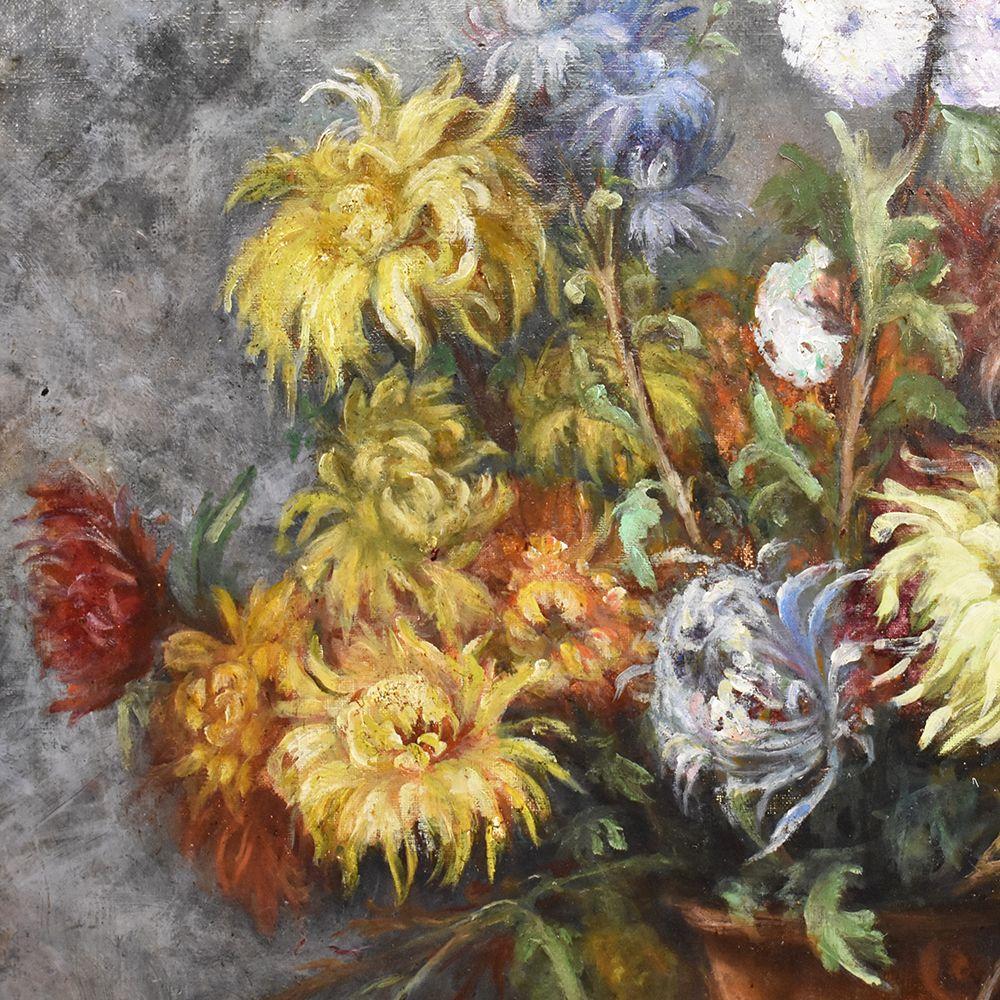 French Antique Flower Painting, Dahlias and Chrysanthemums, Oil on Canvas, 19th Century For Sale