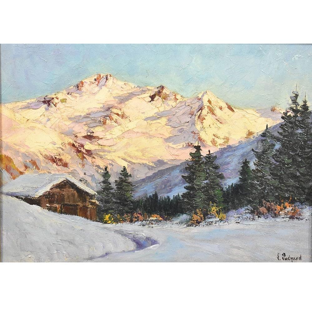 Il s'agit d'une peinture à l'huile ancienne, paysage de montagne avec neige, début du XXème siècle. 
Il s'agit d'une peinture ancienne, du 20e siècle, représentant un paysage. 
avec un sommet éclairé par la lumière, avec des couleurs chaudes.

Au
