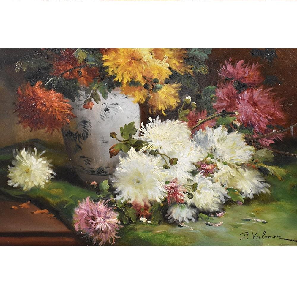 Napoleon III Antique Flower Painting, Dahlias Flowers, Oil on Canvas, 19th Century 'QF483' For Sale