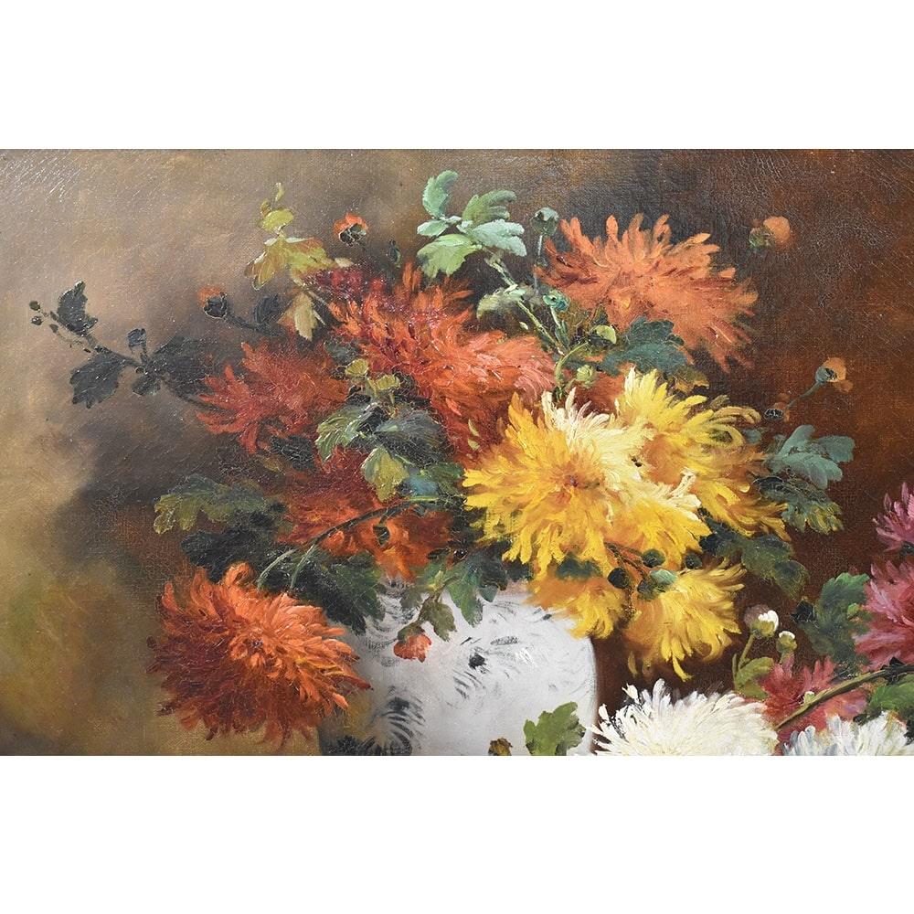 French Antique Flower Painting, Dahlias Flowers, Oil on Canvas, 19th Century 'QF483' For Sale