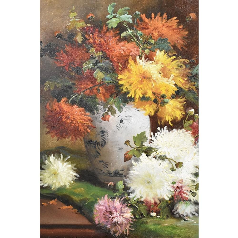 Painted Antique Flower Painting, Dahlias Flowers, Oil on Canvas, 19th Century 'QF483' For Sale