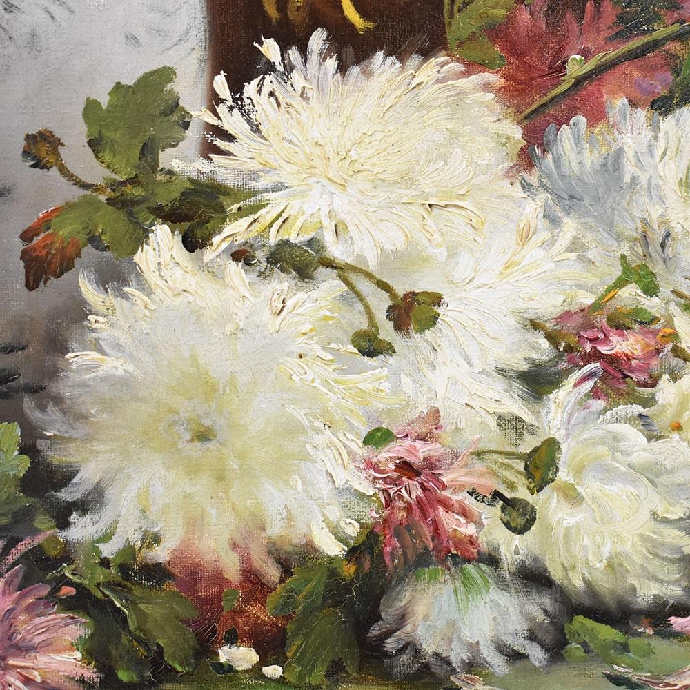 French Antique Flower Painting, Dahlias Flowers, Oil on Canvas, 19th Century 'QF483'