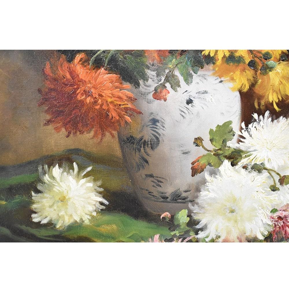 Painted Antique Flower Painting, Dahlias Flowers, Oil on Canvas, 19th Century 'QF483'