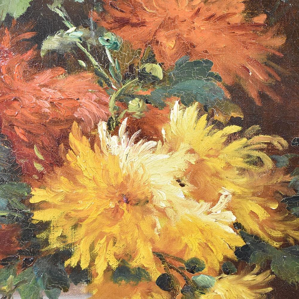 Antique Flower Painting, Dahlias Flowers, Oil on Canvas, 19th Century 'QF483' In Good Condition In Breganze, VI