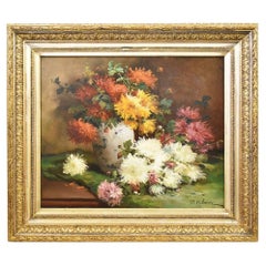 Peinture ancienne de fleurs, fleurs de dahlias, huile sur toile, 19ème siècle. (QF483)