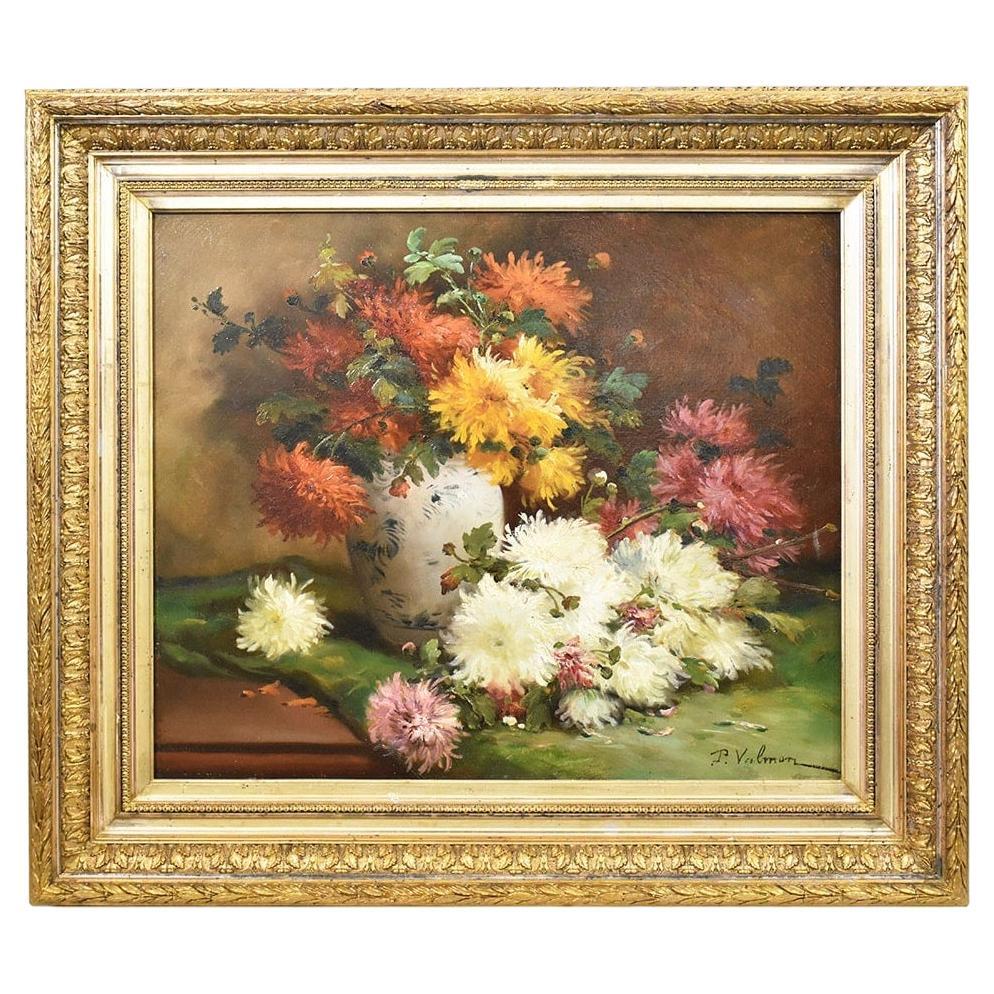 Peinture de fleurs ancienne, Dahlias Flowers, huile sur toile, 19ème siècle 'QF483'