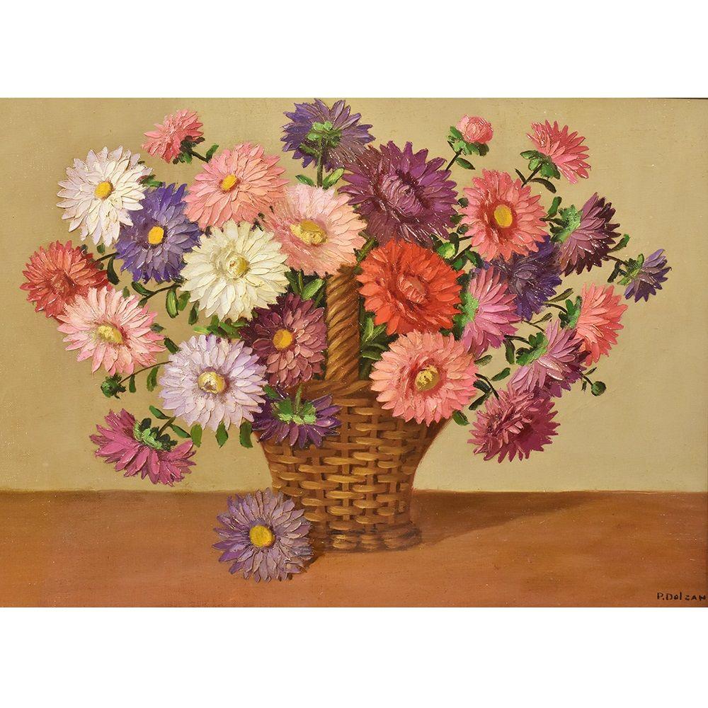 Flowers artwork, antique oil painting, floral vase painting which represents a Basket of Daisies, of the early twentieth century.

It also has a wooden frame realised in the 1900s. Art Deco, 1930s.

This floral oil painting is signed P. Dolzan,