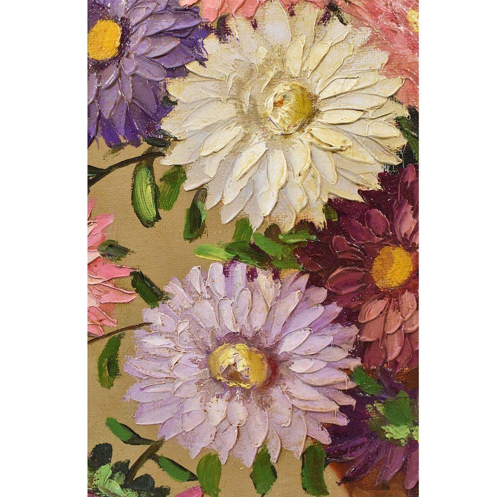 Painted Antique Flower Painting, Daisies Painting, Oil on Canvas, 20th Century, Art Déco