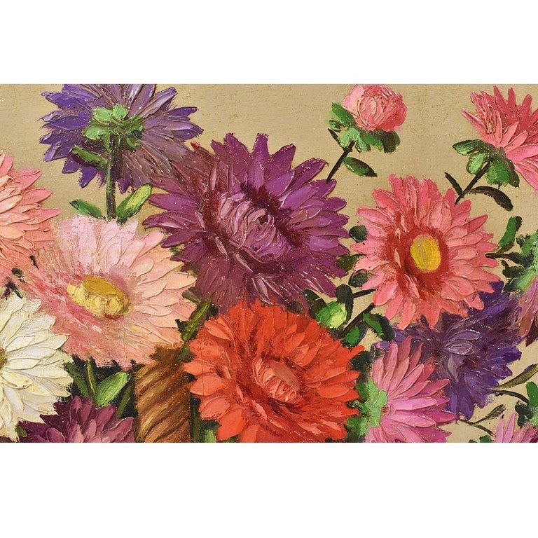 Antique Flower Painting, Daisies Painting, Oil on Canvas, 20th Century