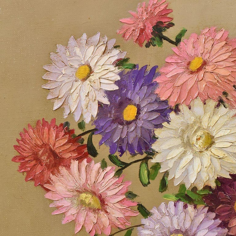 Antique Flower Painting, Daisies Painting, Oil on Canvas, 20th Century