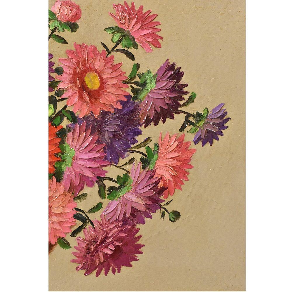 Antique Flower Painting, Daisies Painting, Oil on Canvas, 20th Century, Art Déco 2