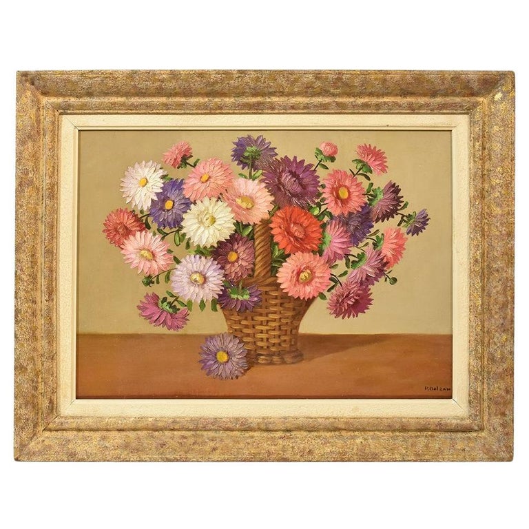 Antique Flower Painting, Daisies Painting, Oil on Canvas, 20th Century