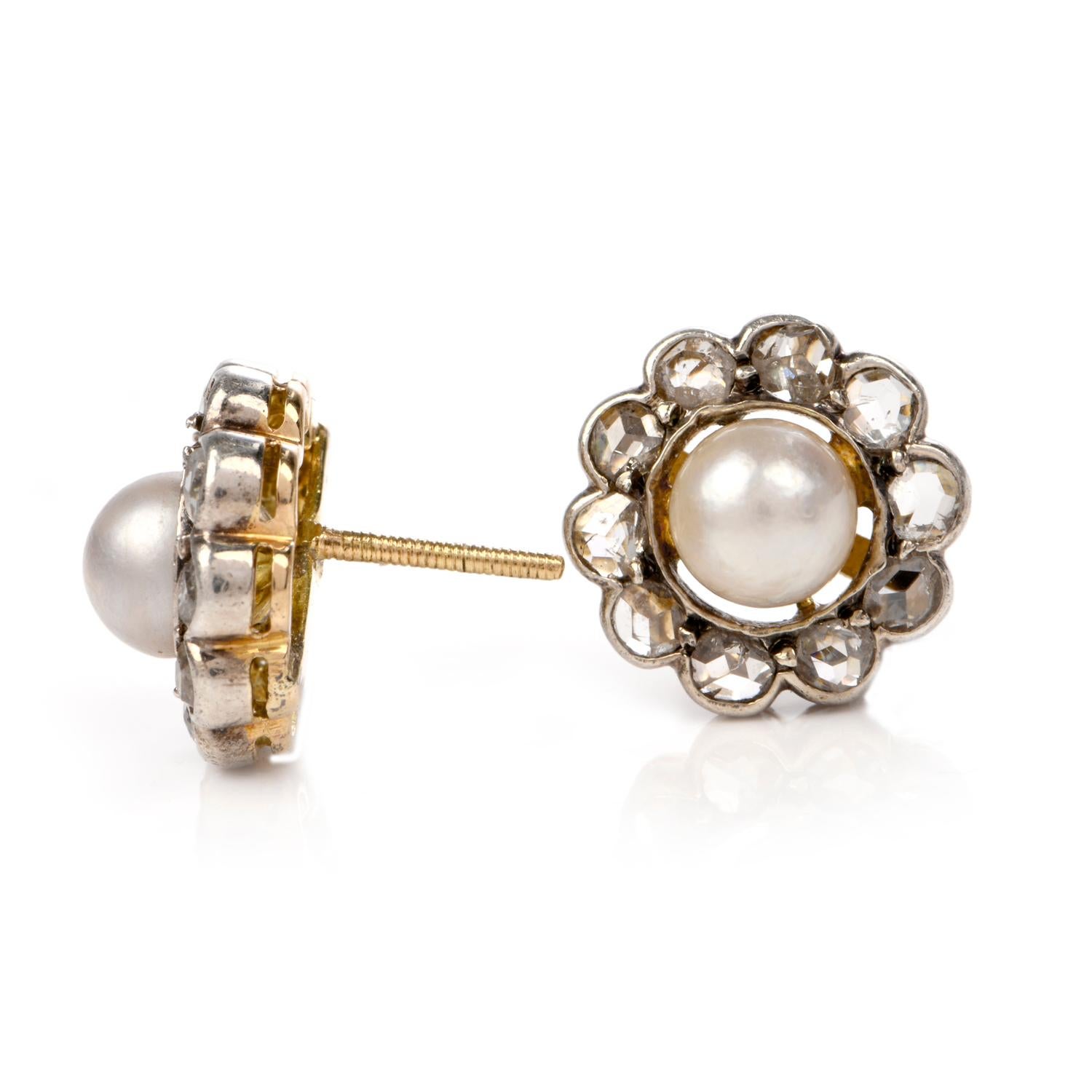 Rose Cut Antique Flower Pearl Diamond Gold Stud Earrings