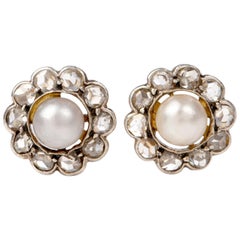 Antique Flower Pearl Diamond Gold Stud Earrings