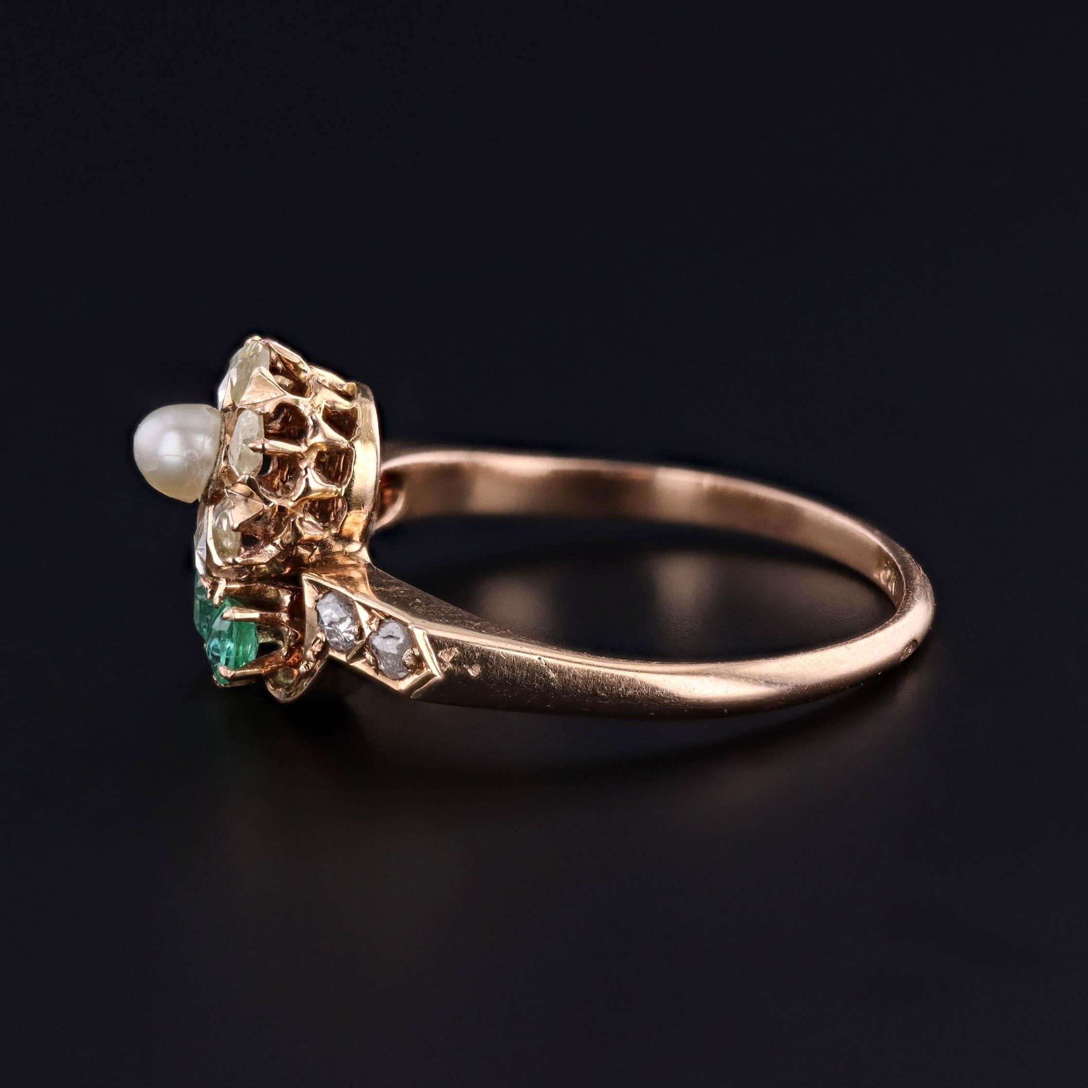 Belle Époque Antique Flower Ring of Pearl, Diamond, and Emerald in 18k Gold For Sale