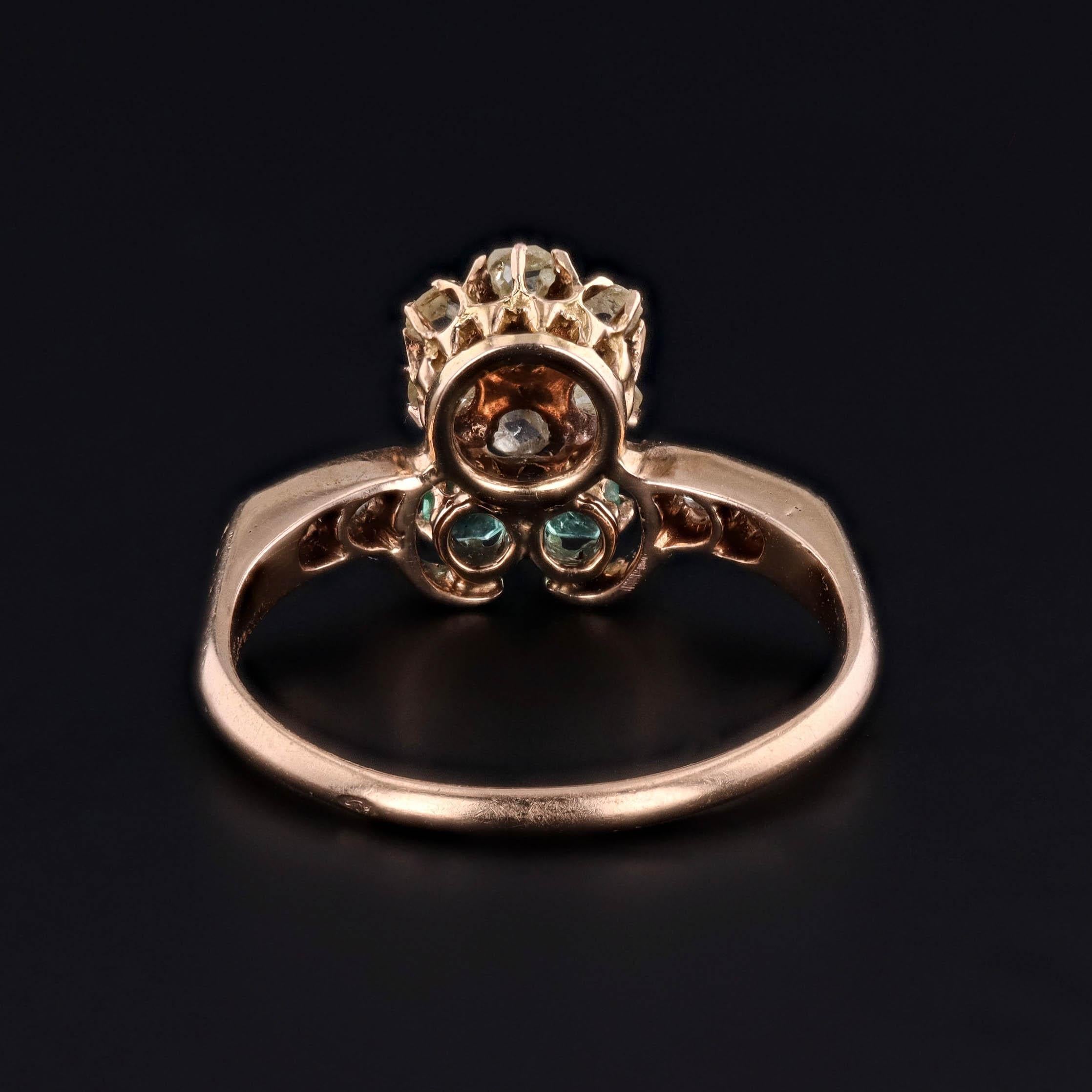 Round Cut Antique Flower Ring of Pearl, Diamond, and Emerald in 18k Gold For Sale