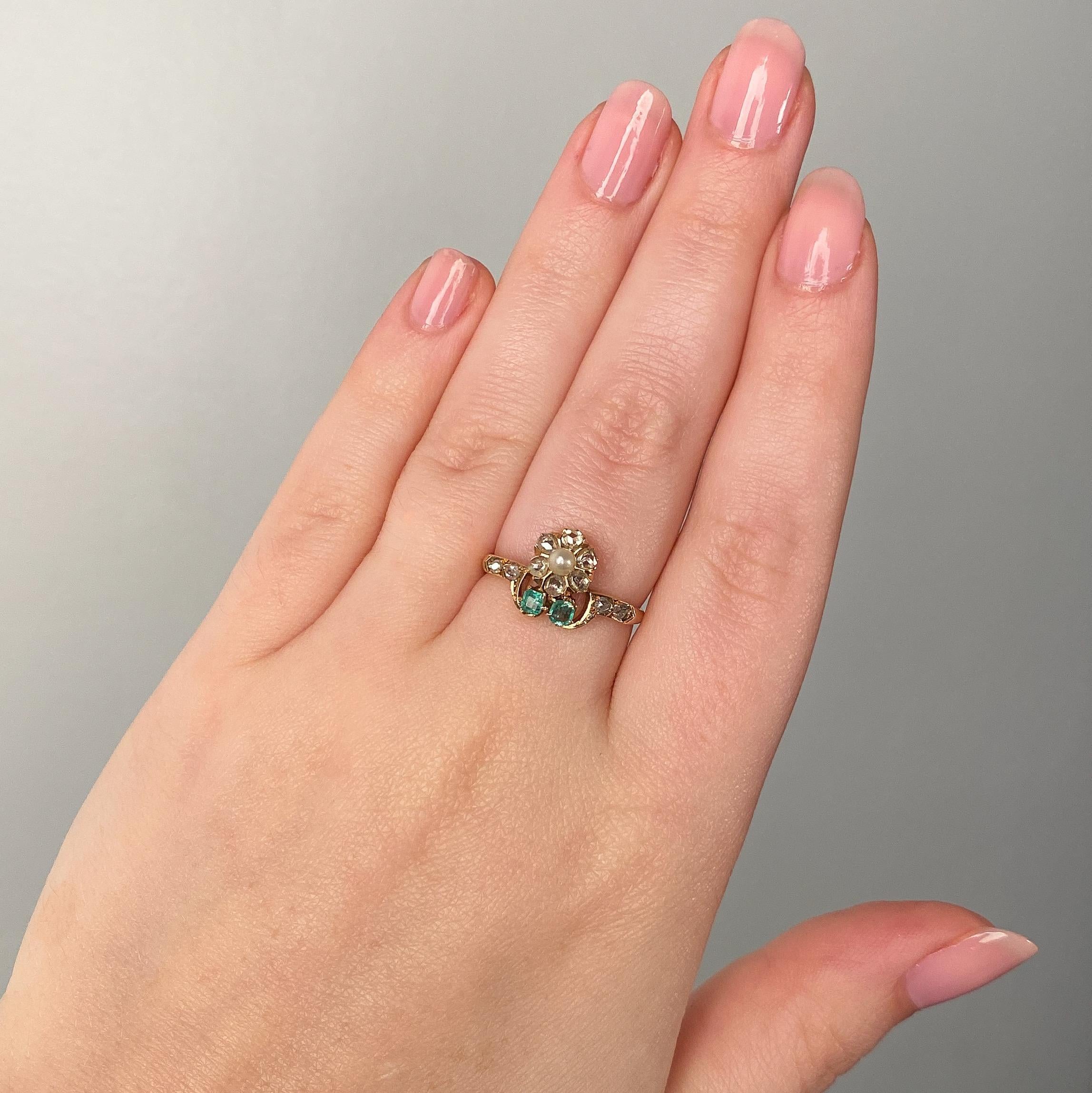 Women's Antique Flower Ring of Pearl, Diamond, and Emerald in 18k Gold For Sale