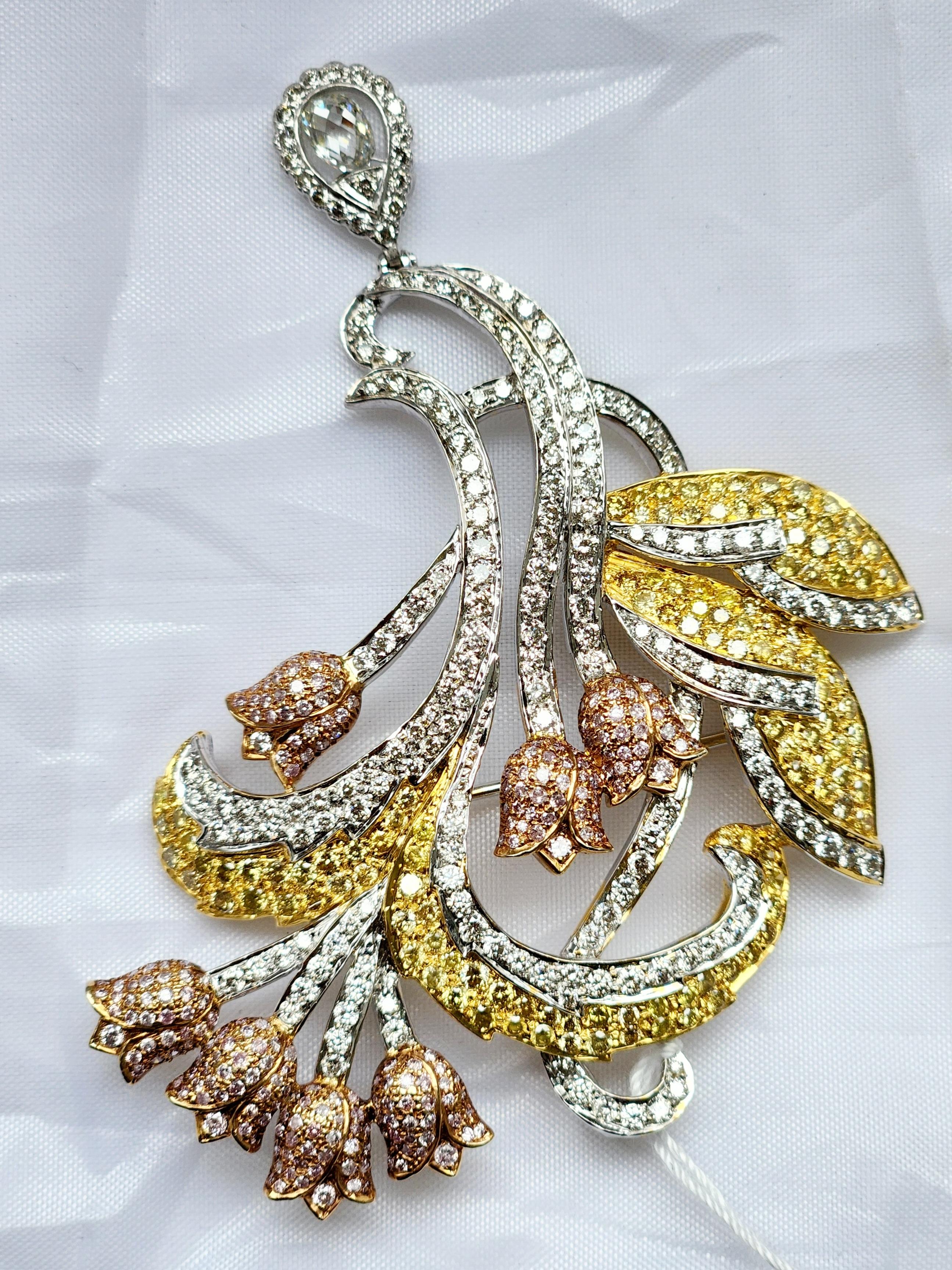Presenting the Antique Flower Shaped Fancy Diamond Brooch Pendant, a stunning and unique piece of jewelry that exudes sophistication and elegance. The intricate design features delicate flowers crafted with pink melee diamonds, and sepals made of