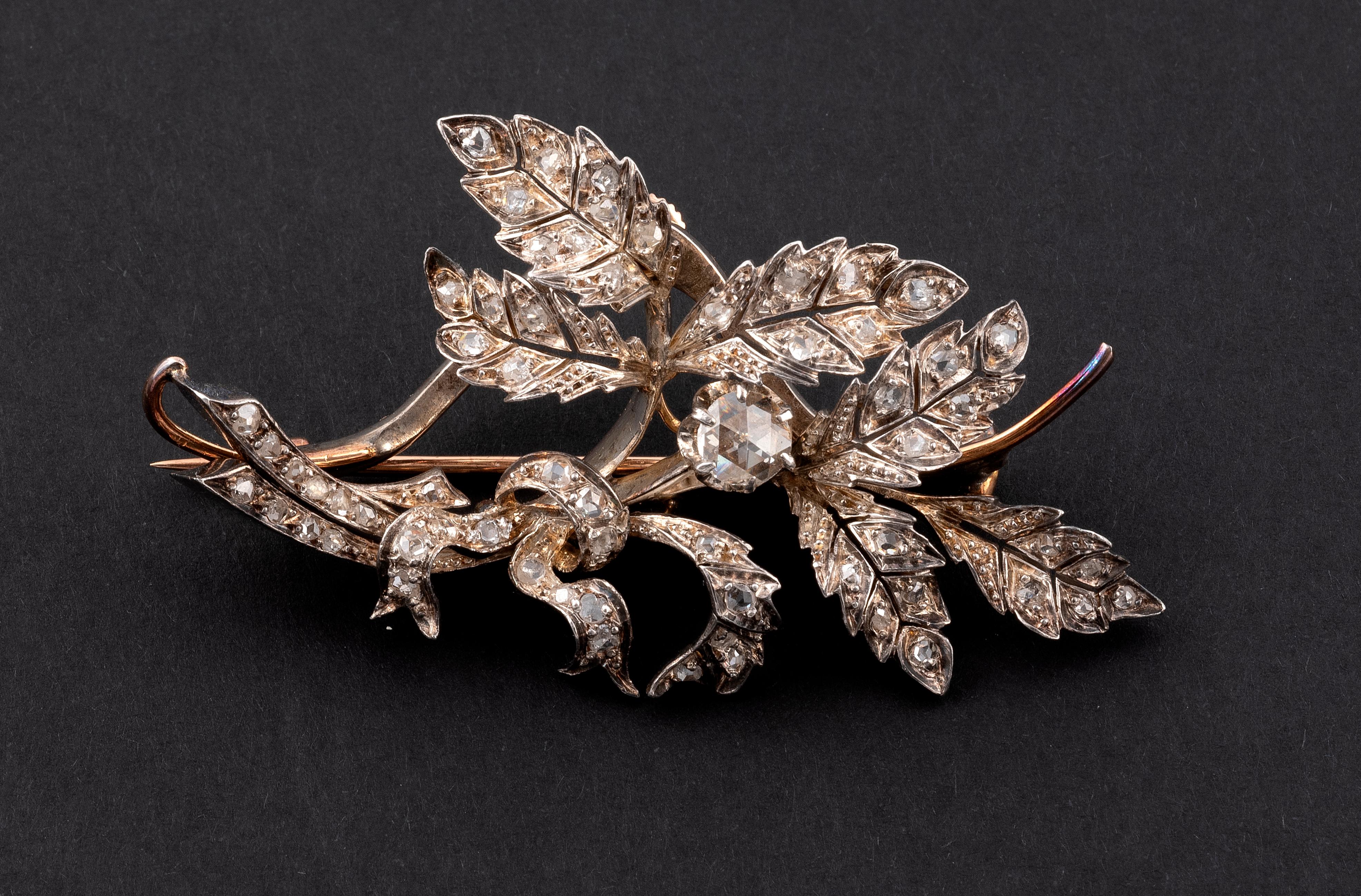 Rose Cut Antique Flower Silver and Gold Diamond Brooch For Sale