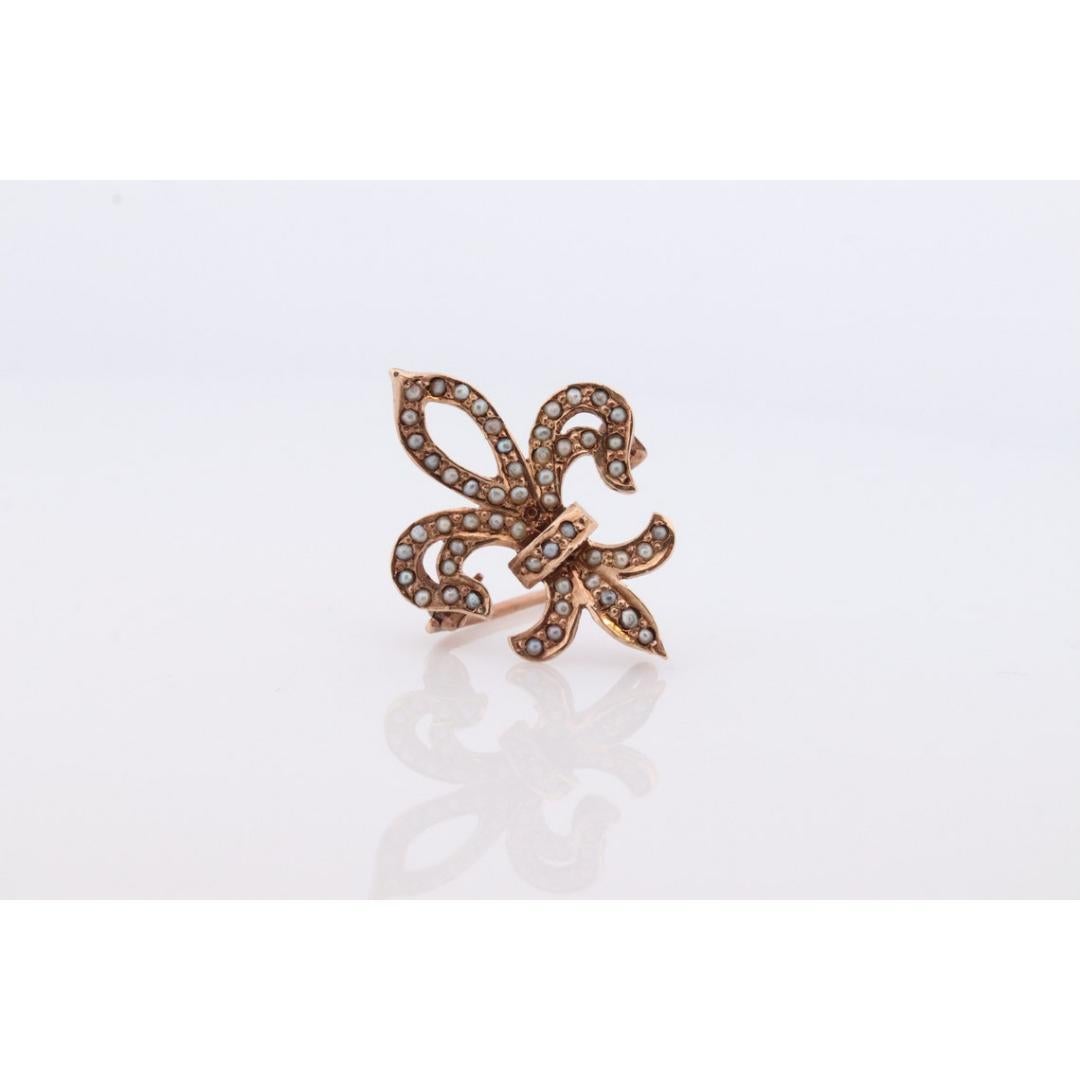 Antique Fluer De Lis Brooch. 10k Pearl Seed encrusted 19th Century French Flower For Sale 2