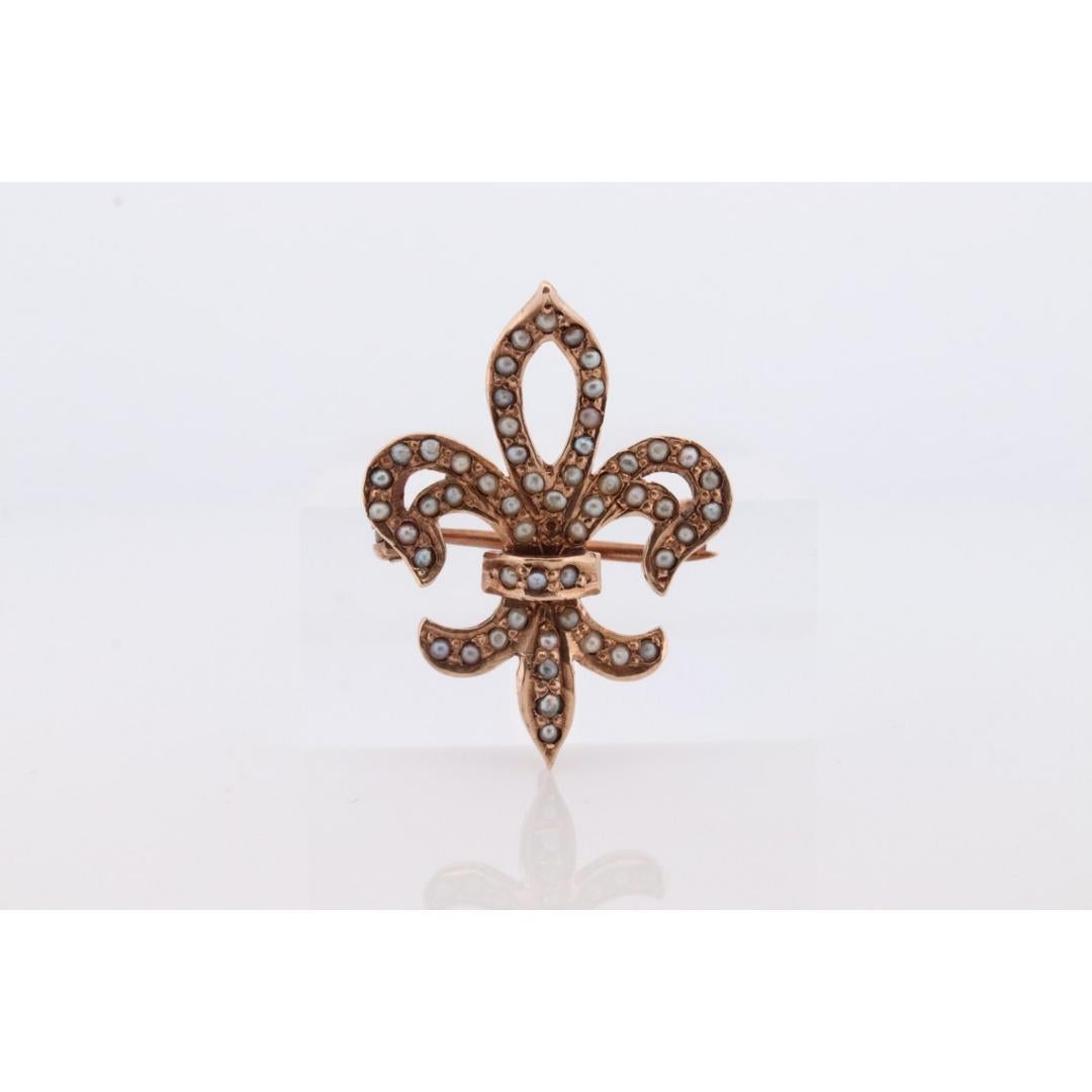 Antique Fluer De Lis Brooch. 10k Pearl Seed encrusted 19th Century French Flower For Sale 3