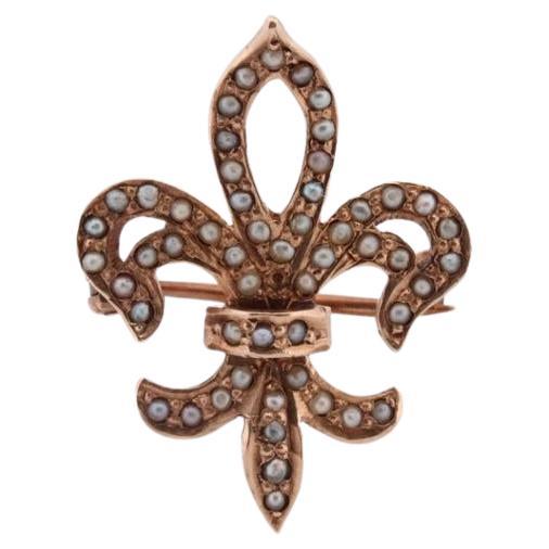 Antique Fluer De Lis Brooch. 10k Pearl Seed encrusted 19th Century French Flower For Sale