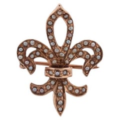 Antique Fluer De Lis Brooch. 10k Pearl Seed encrusted 19th Century French Flower