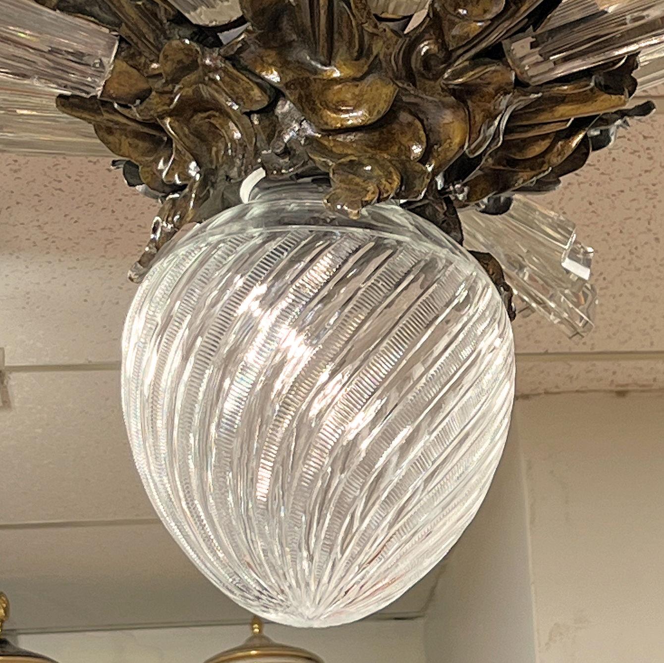 Lámpara empotrada antigua Sunburst de bronce y cristal en venta 3