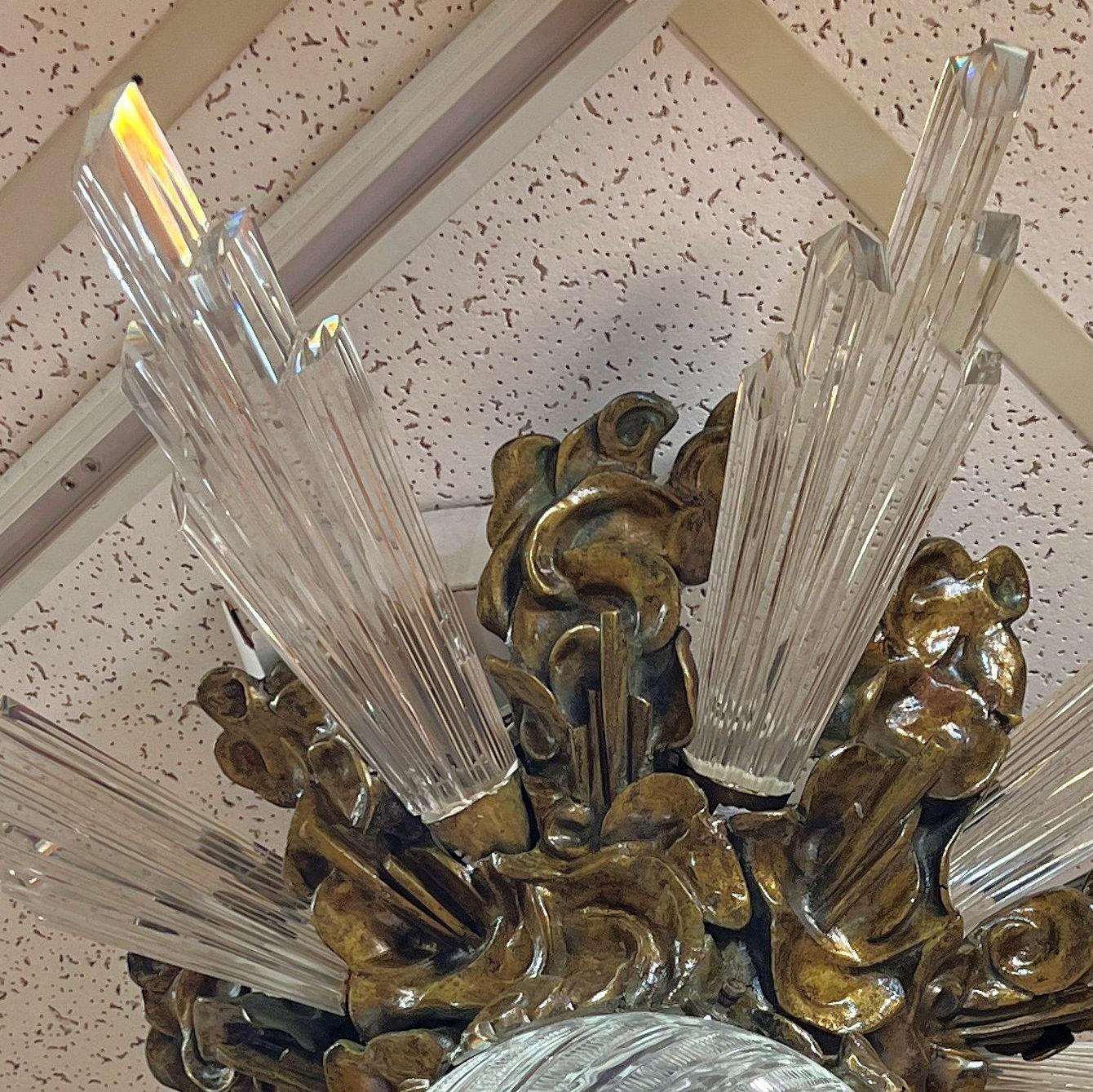 Lámpara empotrada antigua Sunburst de bronce y cristal Patinado en venta