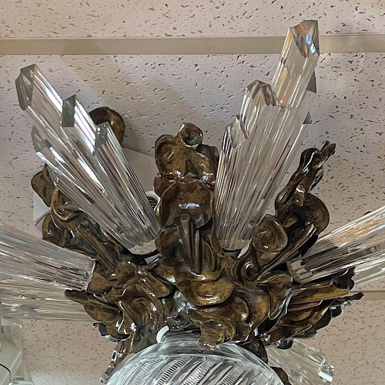 Lámpara empotrada antigua Sunburst de bronce y cristal en venta 1