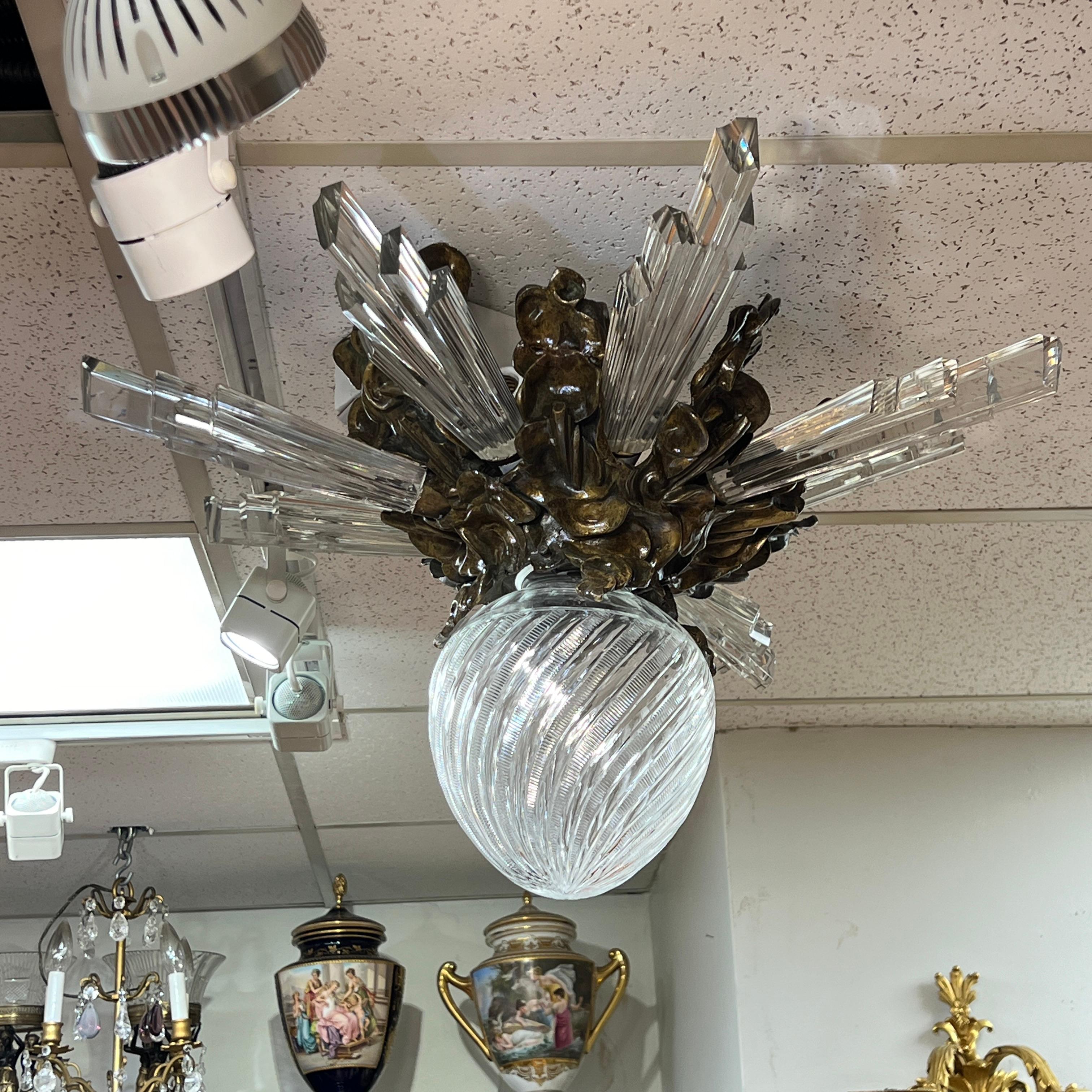 Lámpara empotrada antigua Sunburst de bronce y cristal en venta 2