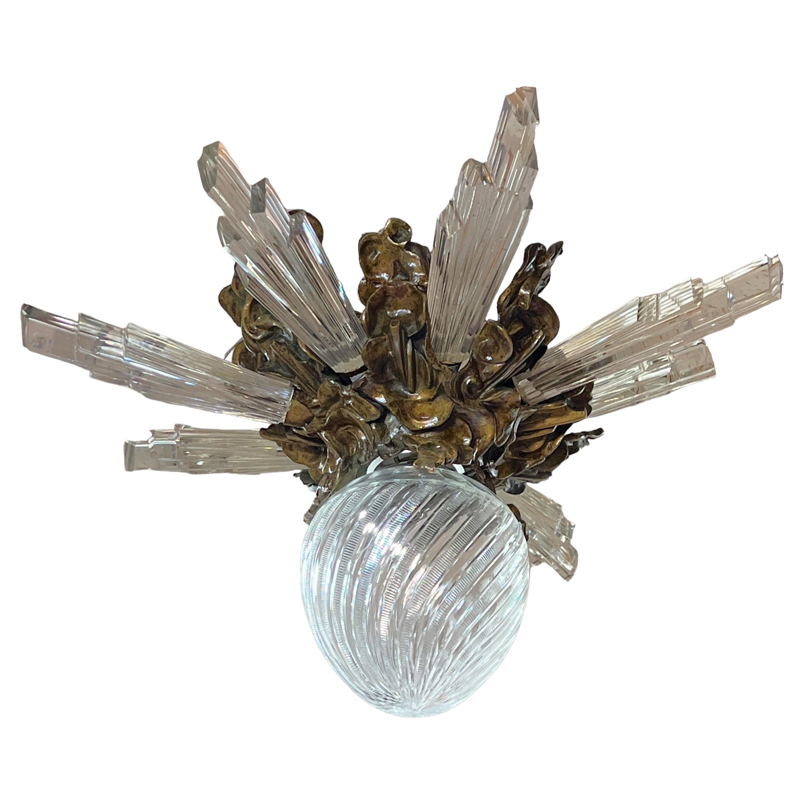 Antique Flush Mount Bronze and Glass Sunburst Chandelier 