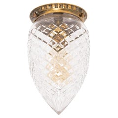 Antique Flush Mounted Ornate Brass and Cut Glass Ceiling Light Lamp, C.1910