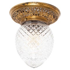 Antique Flush Mounted Ornate Brass and Cut Glass Ceiling Light Lamp, C.1920