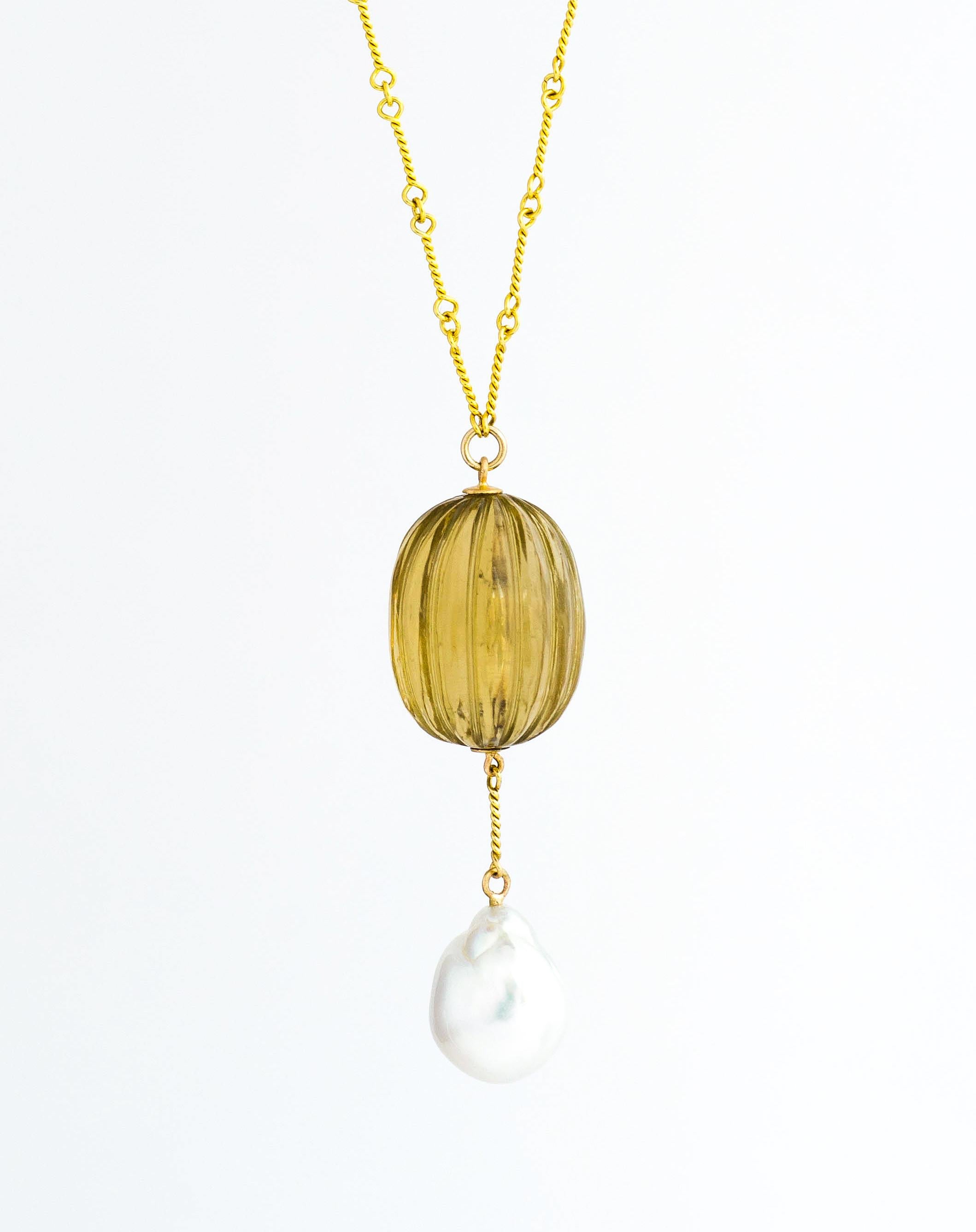 Antique Fluted Citrine Pendant, Pearl & Gold Chain  In New Condition For Sale In New York, NY