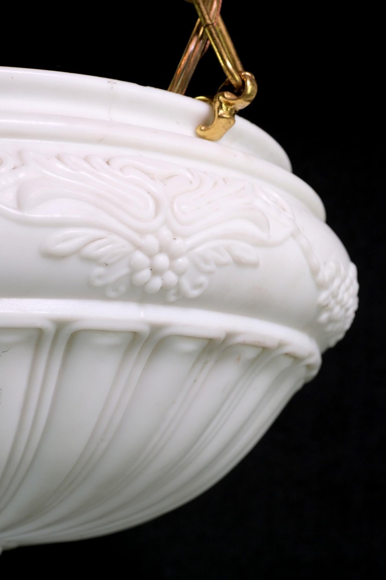Victorian Antique Fluted Milk Glass Pendant Dish Light w/ Floral Details and Brass Fitter
